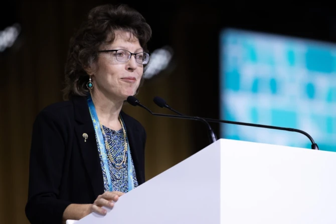 Theologian Mary Healy speaks at the International Eucharistic Congress in Budapest, Hungary, Sept. 9, 2021
